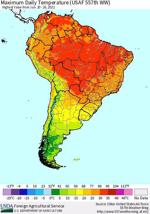 South America Maximum Daily Temperature (USAF 557th WW) Thematic Map For 6/20/2022 - 6/26/2022