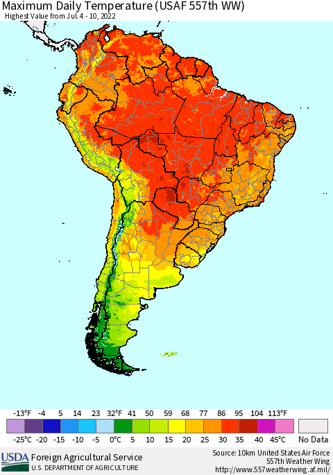South America Maximum Daily Temperature (USAF 557th WW) Thematic Map For 7/4/2022 - 7/10/2022