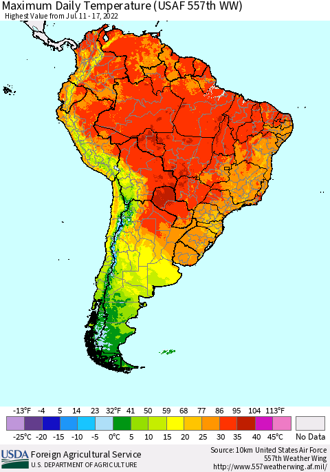 South America Maximum Daily Temperature (USAF 557th WW) Thematic Map For 7/11/2022 - 7/17/2022