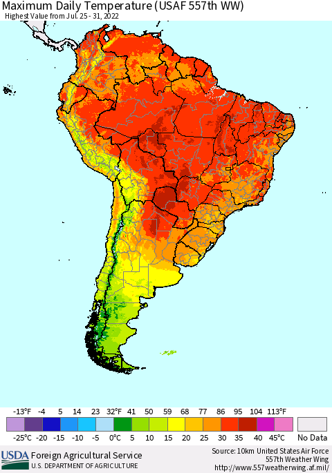 South America Maximum Daily Temperature (USAF 557th WW) Thematic Map For 7/25/2022 - 7/31/2022