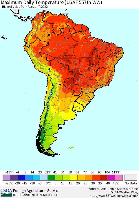 South America Maximum Daily Temperature (USAF 557th WW) Thematic Map For 8/1/2022 - 8/7/2022