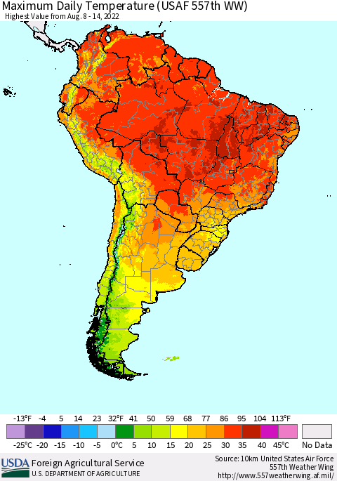 South America Maximum Daily Temperature (USAF 557th WW) Thematic Map For 8/8/2022 - 8/14/2022