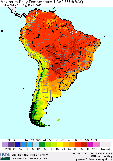 South America Maximum Daily Temperature (USAF 557th WW) Thematic Map For 8/15/2022 - 8/21/2022