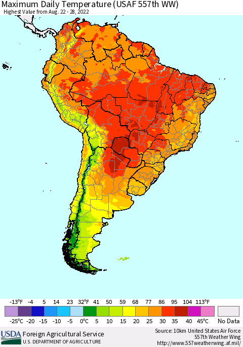 South America Maximum Daily Temperature (USAF 557th WW) Thematic Map For 8/22/2022 - 8/28/2022