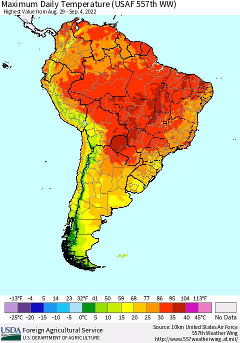 South America Maximum Daily Temperature (USAF 557th WW) Thematic Map For 8/29/2022 - 9/4/2022