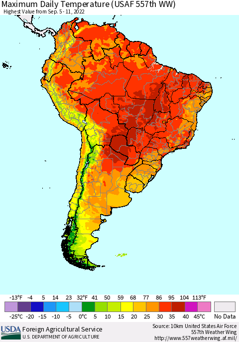 South America Maximum Daily Temperature (USAF 557th WW) Thematic Map For 9/5/2022 - 9/11/2022
