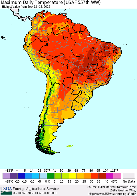 South America Maximum Daily Temperature (USAF 557th WW) Thematic Map For 9/12/2022 - 9/18/2022