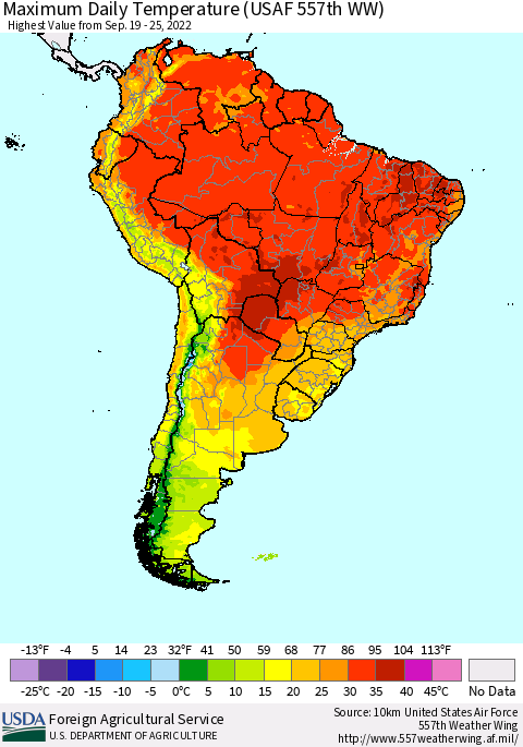 South America Maximum Daily Temperature (USAF 557th WW) Thematic Map For 9/19/2022 - 9/25/2022