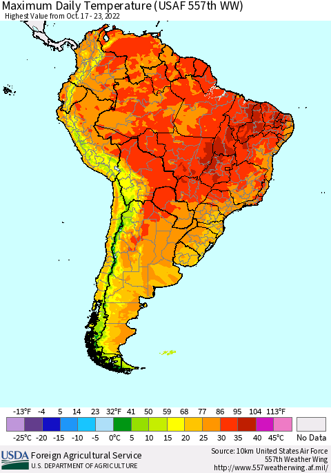 South America Maximum Daily Temperature (USAF 557th WW) Thematic Map For 10/17/2022 - 10/23/2022