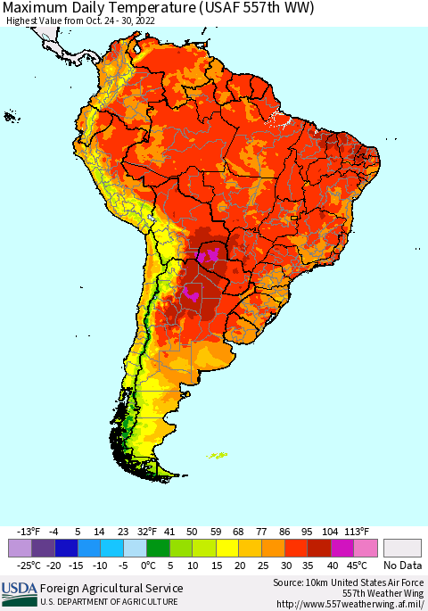 South America Maximum Daily Temperature (USAF 557th WW) Thematic Map For 10/24/2022 - 10/30/2022