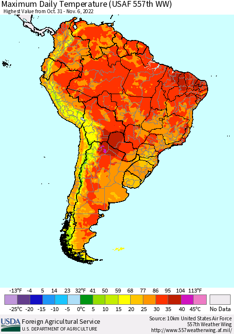 South America Maximum Daily Temperature (USAF 557th WW) Thematic Map For 10/31/2022 - 11/6/2022