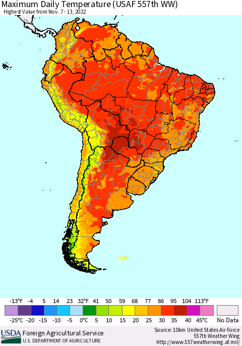 South America Maximum Daily Temperature (USAF 557th WW) Thematic Map For 11/7/2022 - 11/13/2022
