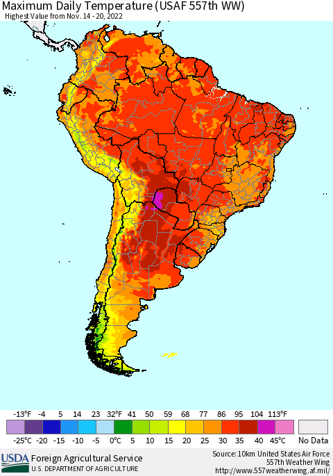 South America Maximum Daily Temperature (USAF 557th WW) Thematic Map For 11/14/2022 - 11/20/2022