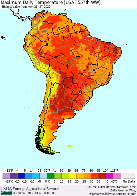 South America Maximum Daily Temperature (USAF 557th WW) Thematic Map For 11/21/2022 - 11/27/2022