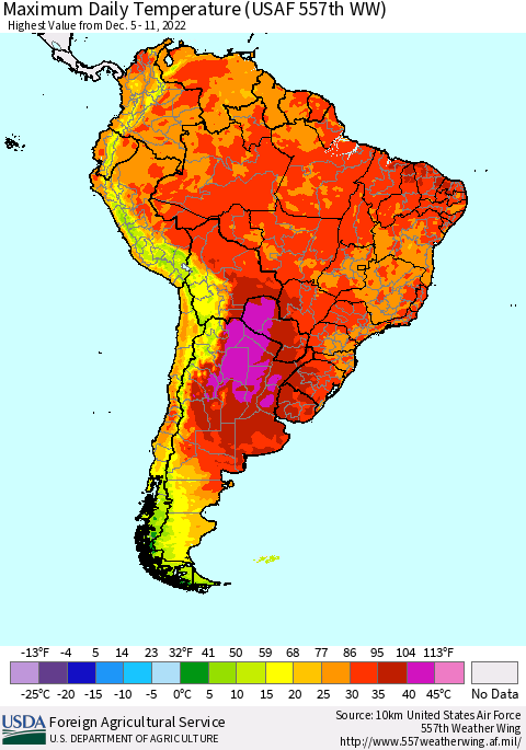 South America Maximum Daily Temperature (USAF 557th WW) Thematic Map For 12/5/2022 - 12/11/2022