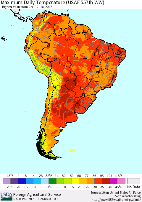 South America Maximum Daily Temperature (USAF 557th WW) Thematic Map For 12/12/2022 - 12/18/2022