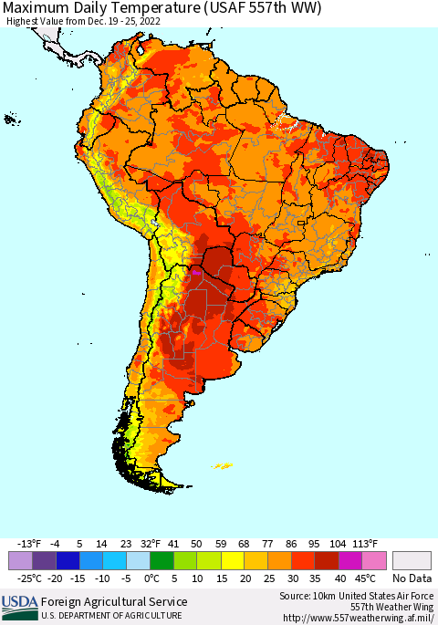 South America Maximum Daily Temperature (USAF 557th WW) Thematic Map For 12/19/2022 - 12/25/2022
