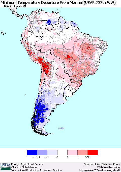 South America Mean Minimum Temperature Departure from Normal (USAF 557th WW) Thematic Map For 1/7/2019 - 1/13/2019