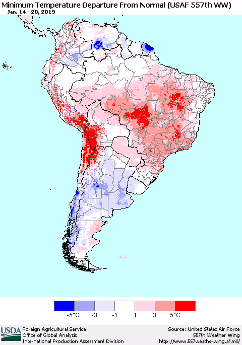 South America Mean Minimum Temperature Departure from Normal (USAF 557th WW) Thematic Map For 1/14/2019 - 1/20/2019