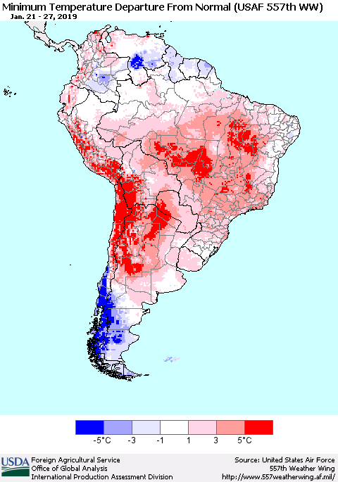 South America Mean Minimum Temperature Departure from Normal (USAF 557th WW) Thematic Map For 1/21/2019 - 1/27/2019