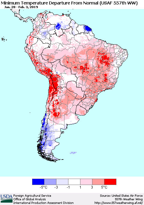 South America Mean Minimum Temperature Departure from Normal (USAF 557th WW) Thematic Map For 1/28/2019 - 2/3/2019