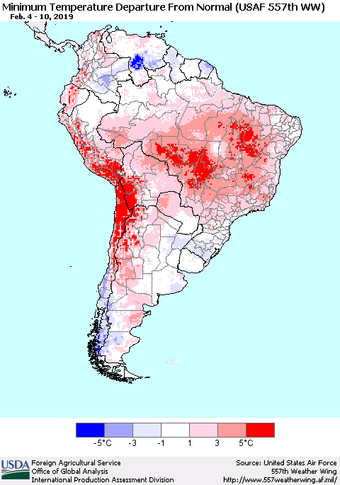 South America Mean Minimum Temperature Departure from Normal (USAF 557th WW) Thematic Map For 2/4/2019 - 2/10/2019
