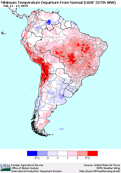 South America Mean Minimum Temperature Departure from Normal (USAF 557th WW) Thematic Map For 2/11/2019 - 2/17/2019