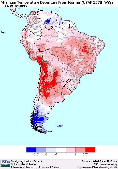 South America Mean Minimum Temperature Departure from Normal (USAF 557th WW) Thematic Map For 2/18/2019 - 2/24/2019