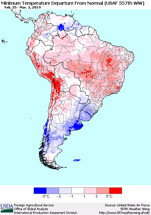 South America Mean Minimum Temperature Departure from Normal (USAF 557th WW) Thematic Map For 2/25/2019 - 3/3/2019