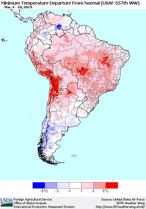South America Mean Minimum Temperature Departure from Normal (USAF 557th WW) Thematic Map For 3/4/2019 - 3/10/2019
