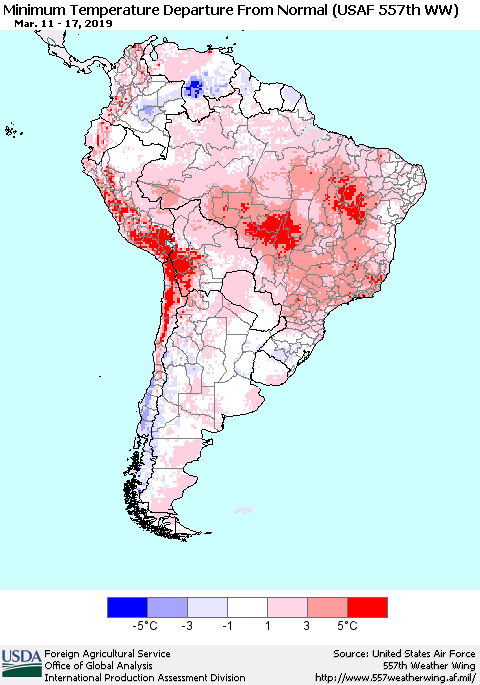 South America Mean Minimum Temperature Departure from Normal (USAF 557th WW) Thematic Map For 3/11/2019 - 3/17/2019