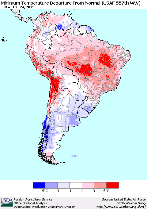 South America Mean Minimum Temperature Departure from Normal (USAF 557th WW) Thematic Map For 3/18/2019 - 3/24/2019