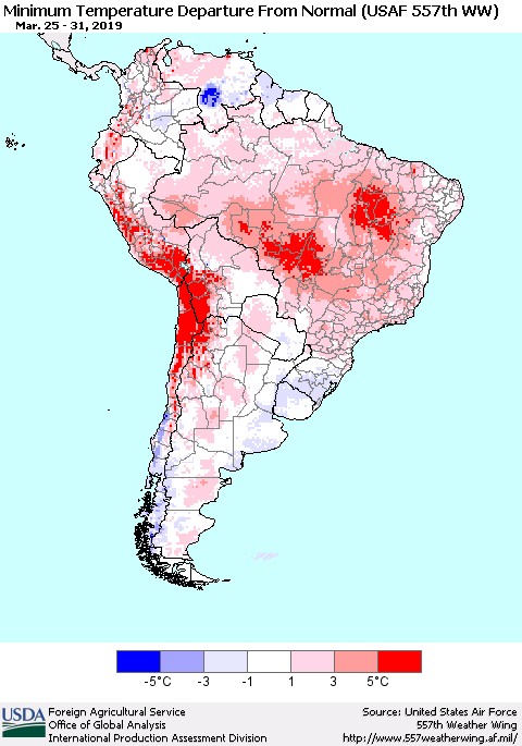 South America Mean Minimum Temperature Departure from Normal (USAF 557th WW) Thematic Map For 3/25/2019 - 3/31/2019