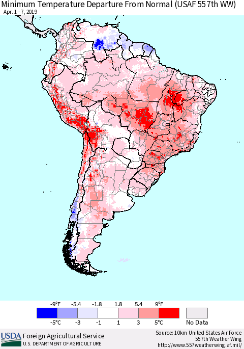 South America Mean Minimum Temperature Departure from Normal (USAF 557th WW) Thematic Map For 4/1/2019 - 4/7/2019