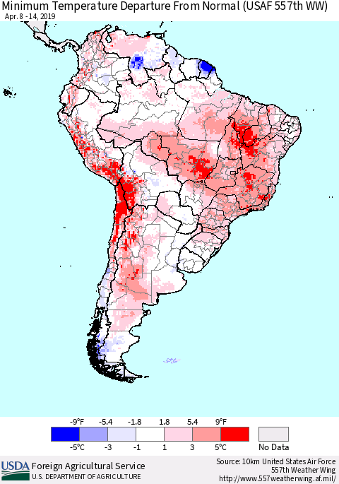 South America Mean Minimum Temperature Departure from Normal (USAF 557th WW) Thematic Map For 4/8/2019 - 4/14/2019