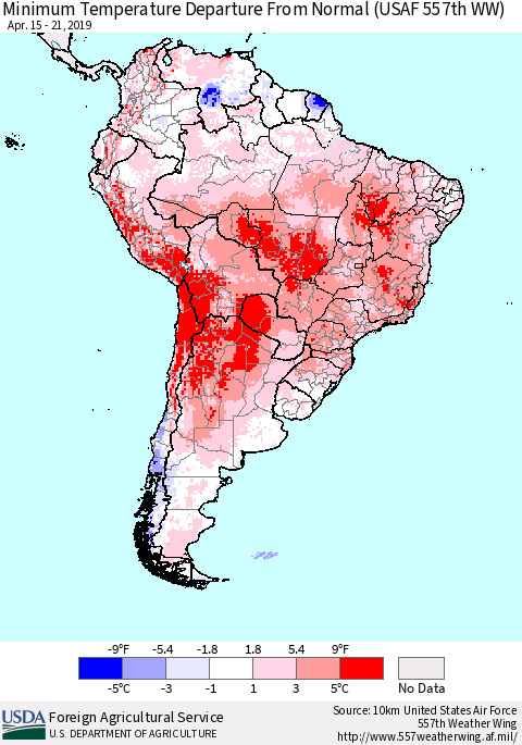 South America Mean Minimum Temperature Departure from Normal (USAF 557th WW) Thematic Map For 4/15/2019 - 4/21/2019