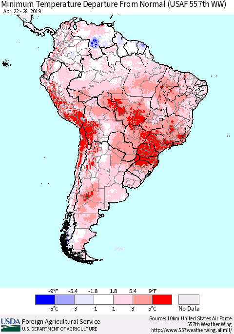 South America Mean Minimum Temperature Departure from Normal (USAF 557th WW) Thematic Map For 4/22/2019 - 4/28/2019