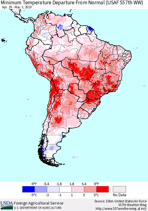 South America Mean Minimum Temperature Departure from Normal (USAF 557th WW) Thematic Map For 4/29/2019 - 5/5/2019