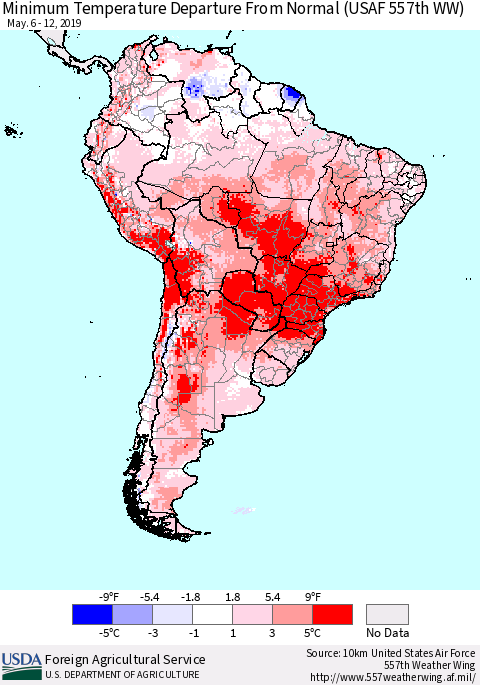 South America Mean Minimum Temperature Departure from Normal (USAF 557th WW) Thematic Map For 5/6/2019 - 5/12/2019
