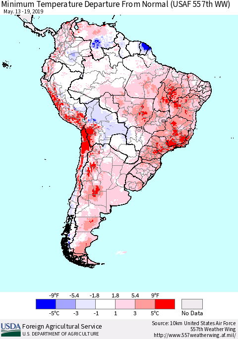 South America Mean Minimum Temperature Departure from Normal (USAF 557th WW) Thematic Map For 5/13/2019 - 5/19/2019