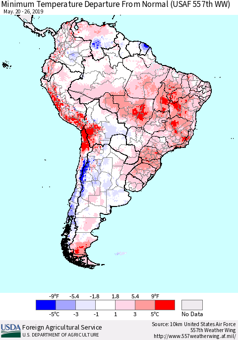 South America Mean Minimum Temperature Departure from Normal (USAF 557th WW) Thematic Map For 5/20/2019 - 5/26/2019