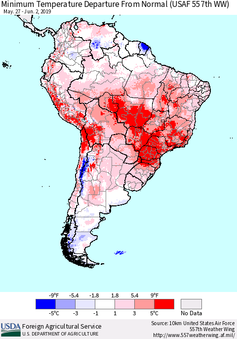 South America Mean Minimum Temperature Departure from Normal (USAF 557th WW) Thematic Map For 5/27/2019 - 6/2/2019