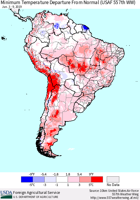 South America Mean Minimum Temperature Departure from Normal (USAF 557th WW) Thematic Map For 6/3/2019 - 6/9/2019