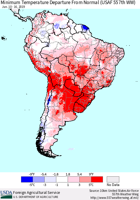 South America Mean Minimum Temperature Departure from Normal (USAF 557th WW) Thematic Map For 6/10/2019 - 6/16/2019