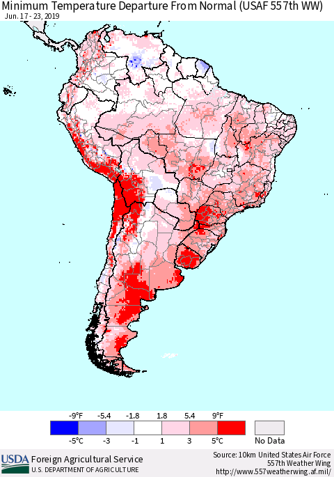 South America Mean Minimum Temperature Departure from Normal (USAF 557th WW) Thematic Map For 6/17/2019 - 6/23/2019