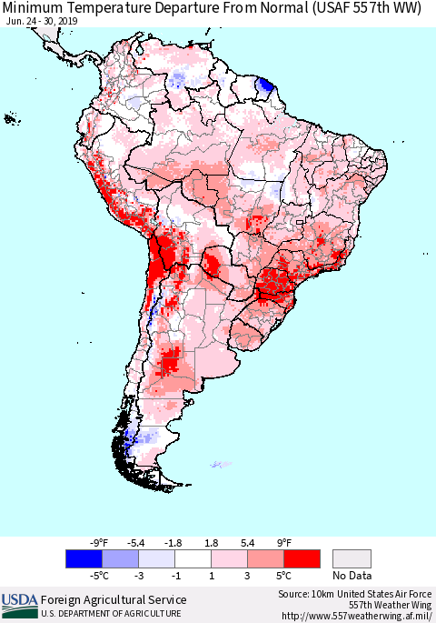 South America Mean Minimum Temperature Departure from Normal (USAF 557th WW) Thematic Map For 6/24/2019 - 6/30/2019