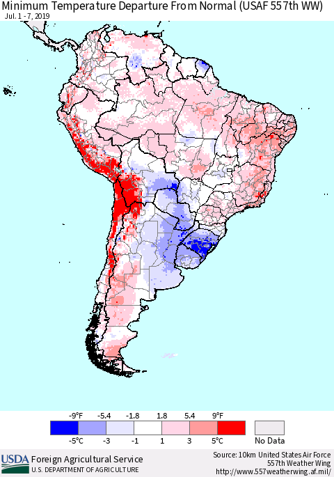 South America Mean Minimum Temperature Departure from Normal (USAF 557th WW) Thematic Map For 7/1/2019 - 7/7/2019