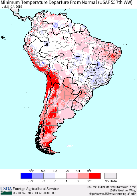 South America Mean Minimum Temperature Departure from Normal (USAF 557th WW) Thematic Map For 7/8/2019 - 7/14/2019