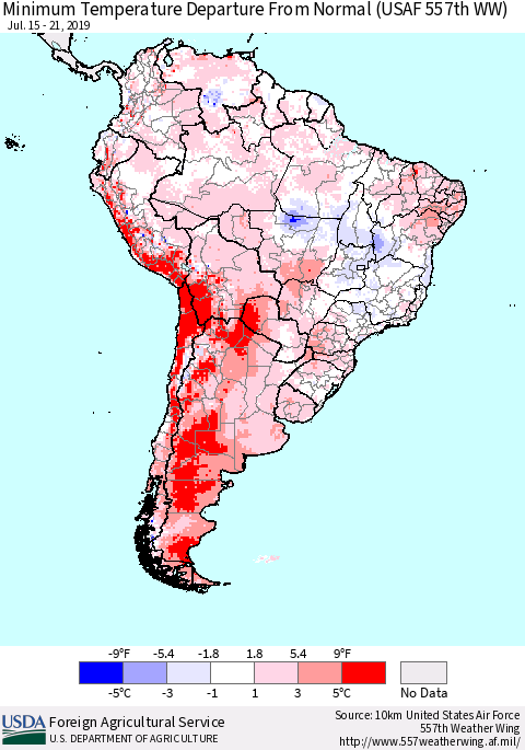 South America Mean Minimum Temperature Departure from Normal (USAF 557th WW) Thematic Map For 7/15/2019 - 7/21/2019