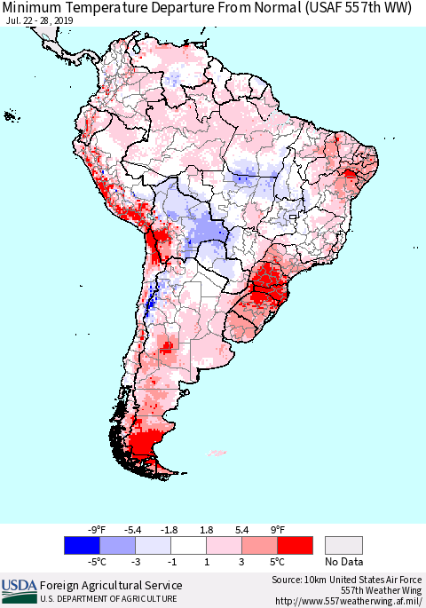 South America Mean Minimum Temperature Departure from Normal (USAF 557th WW) Thematic Map For 7/22/2019 - 7/28/2019